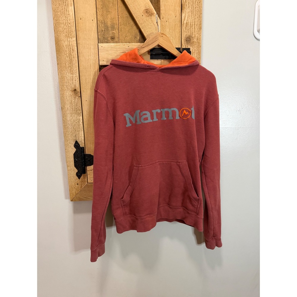 Marmot Mens Pullover Hoodie Red Orange Logo Fleece Medium No Drawstring